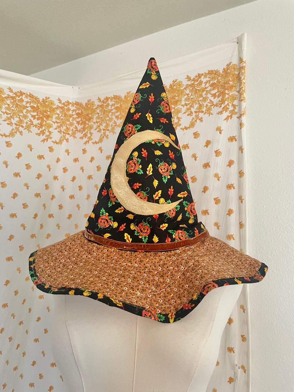 Handmade Patchwork Witch Hat Crescent Moon Pumpkin Halloween OOAK Quilted